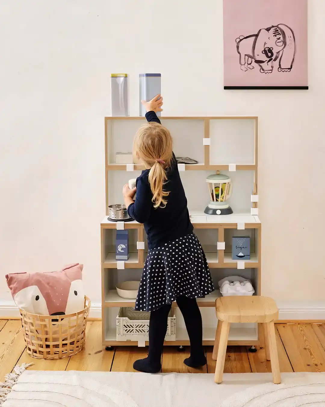 3-in-1-Kiezladen, Kinderzimmer, Kinderregale, interaktive Kindermöbel, Kind, Mädchen, halbe Tiefe, Kunstoffklammer weiß, 4x5, 1080, 40