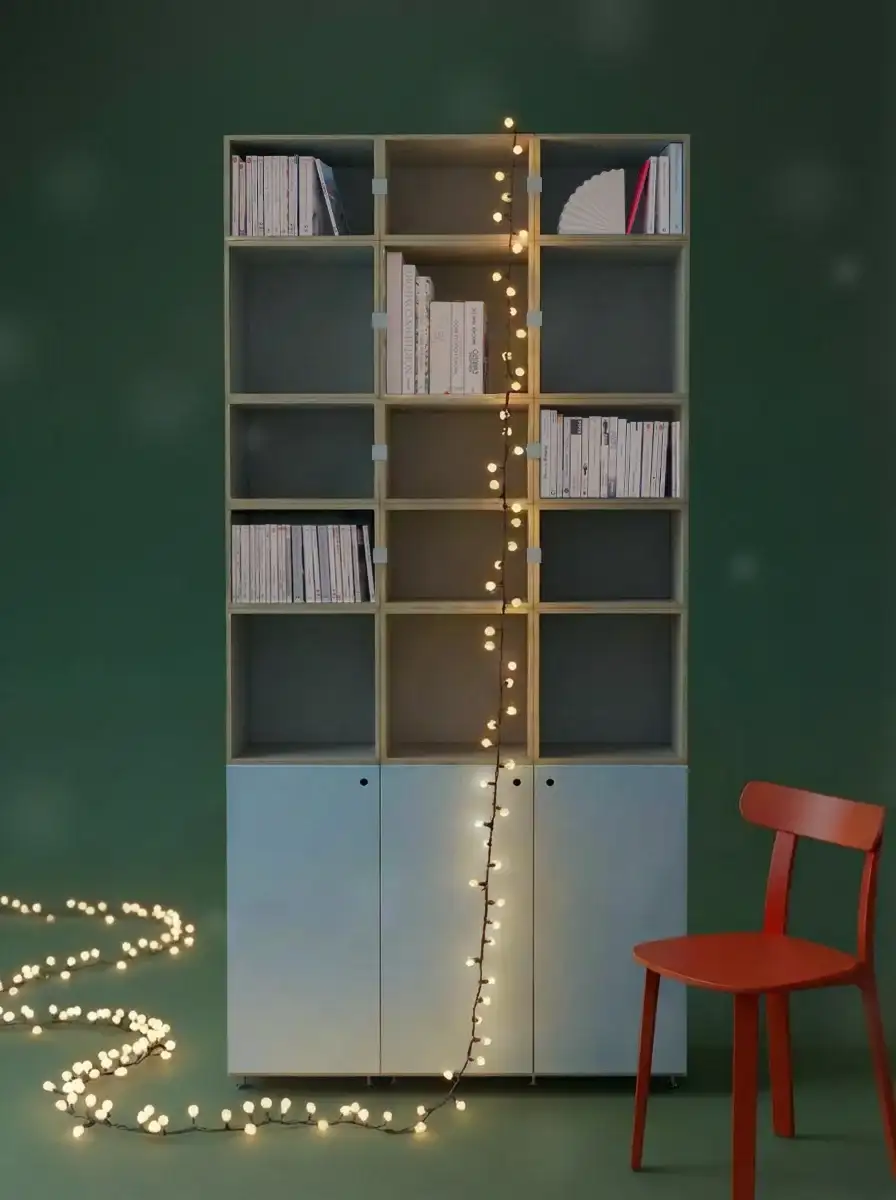 Bücherregale Weihnachten, 2025, Bücherregale, Denimblau, Lichterkette, Schnee, Blur, 85