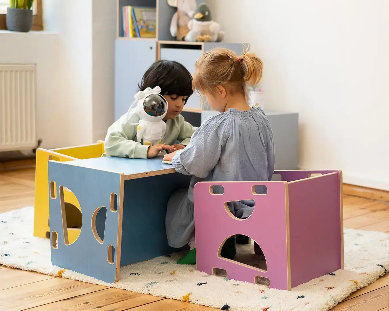 Wendehocker und Wendebank Kinderzimmer, Kindermöbel, 3-in-1-Wendehocker, 3-in-1-Wendebank, Tisch, Himmelblau, Sonnengelb, Flieder, 5x4, 70