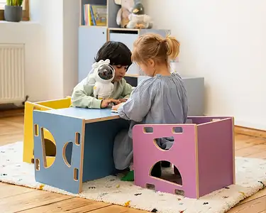 Kinderzimmer, Kindermöbel, 3-in-1-Wendehocker, 3-in-1-Wendebank, Tisch, Himmelblau, Sonnengelb, Flieder, 5x4, 70