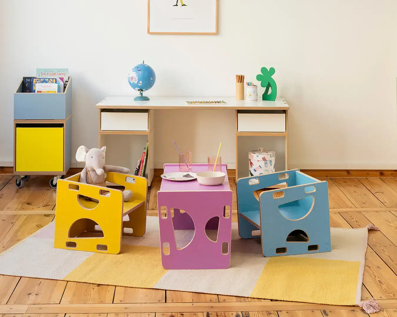 Wendehocker und Wendebank Kinderzimmer, Kindermöbel, 3-in-1-Wendehocker, 3-in-1-Wendebank, Tisch, Ozeangrün, Sonnengelb, Flieder, 5x4, 70