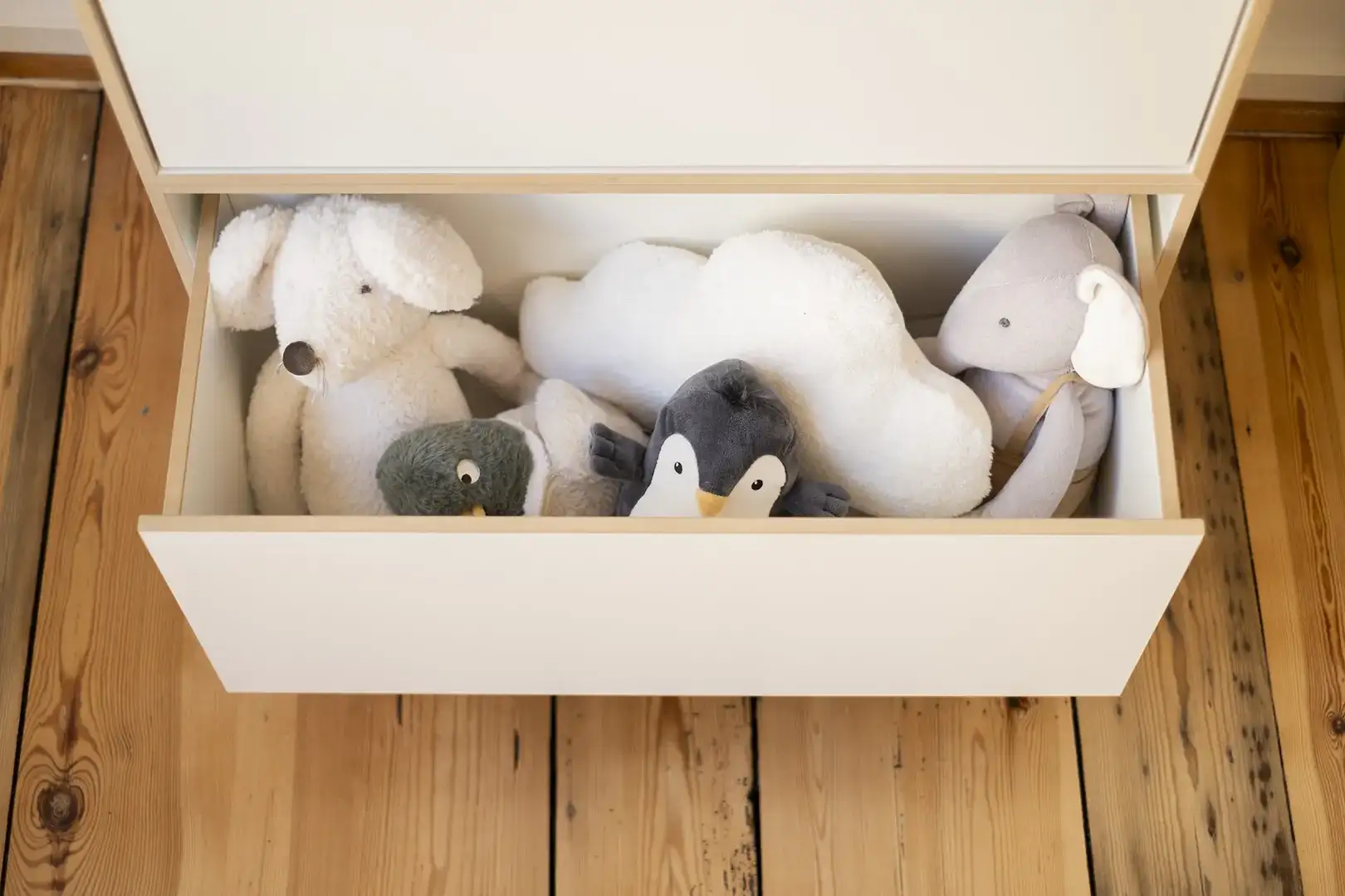 Kommoden, Weiße Kommode auf Rollen, 2:1 Modul mit Schubladen, Kinder, Kuscheltier, Spielzeuge, 80