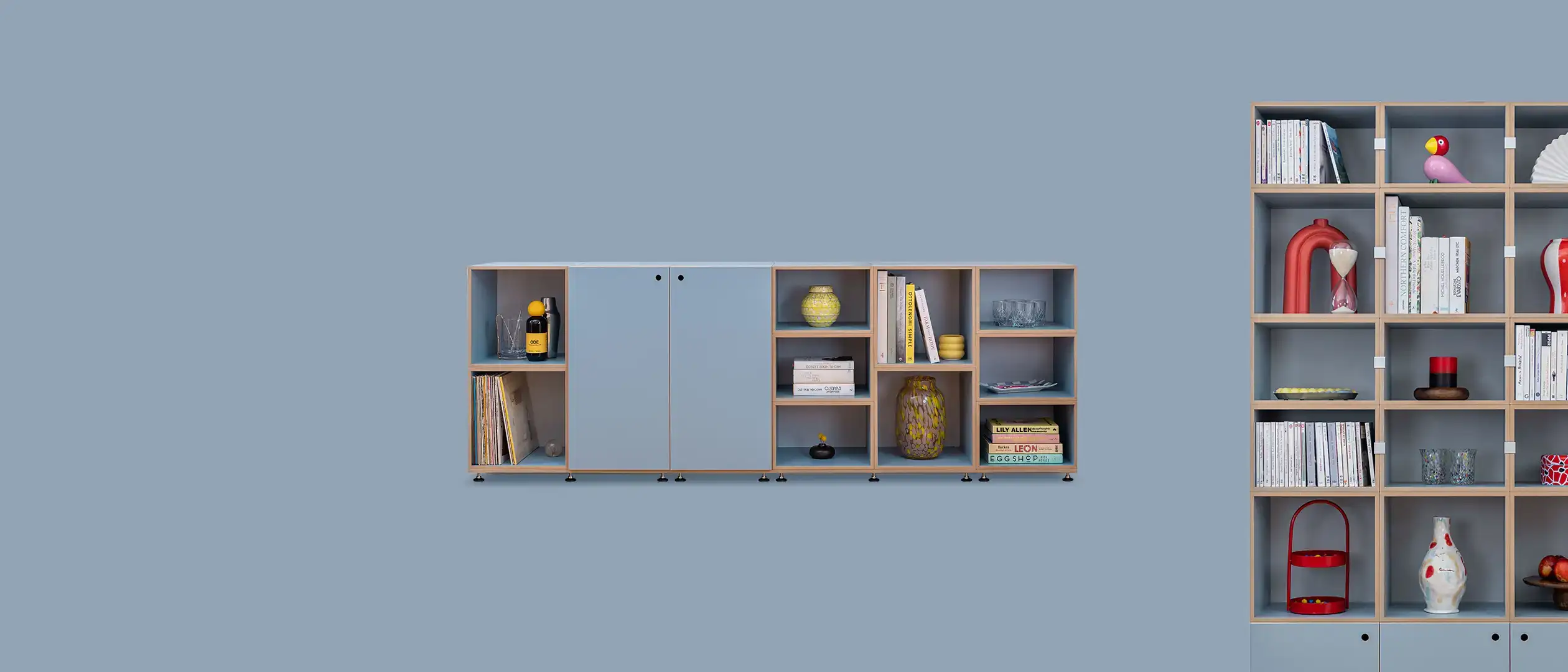 Tschüß Winterblues Rabatt, Tschüß Winterblues, Großes Sideboard in blau, Hohes Bücherregal in blau, Blue Edition, blau, Denimblau