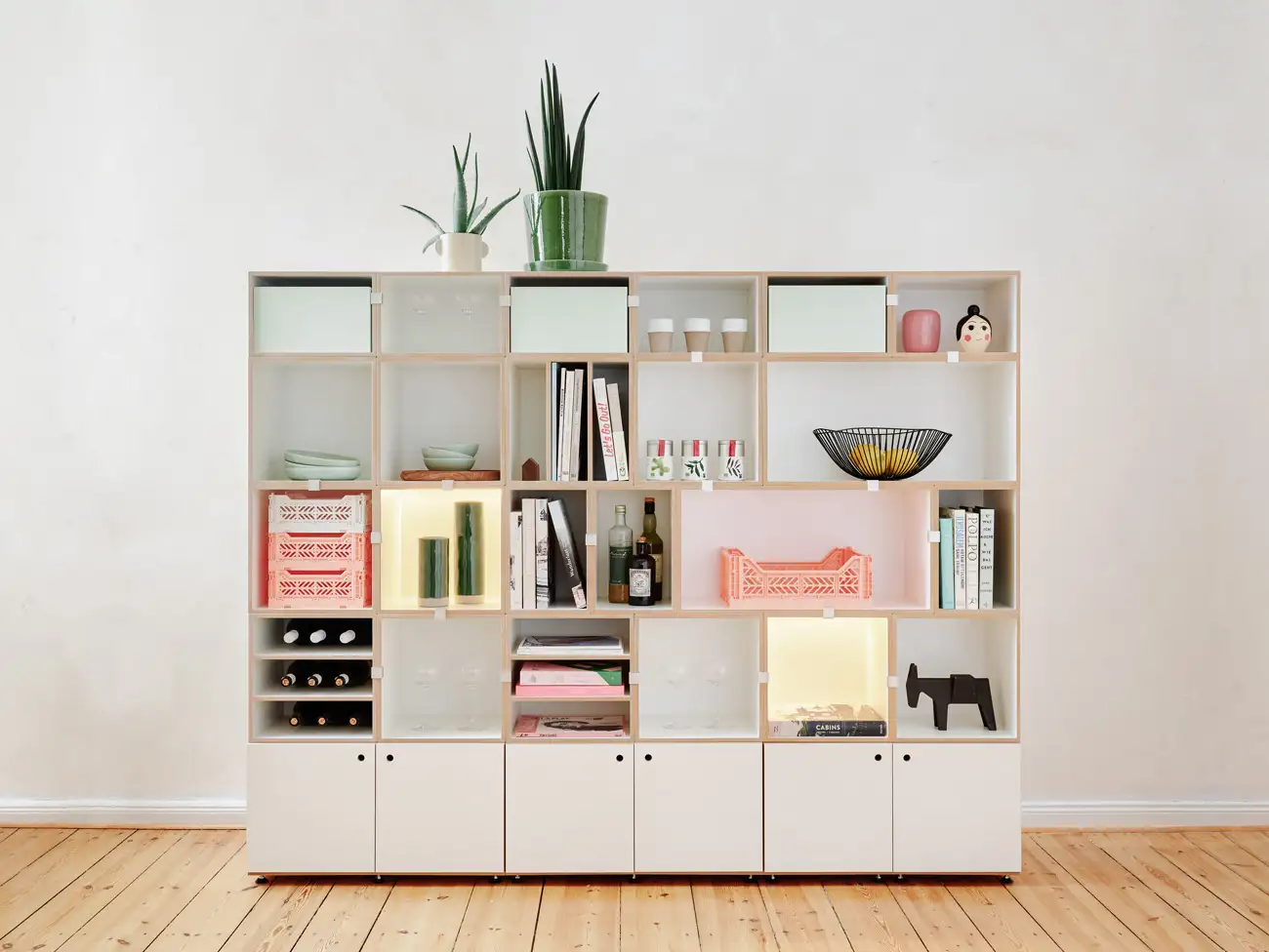 Bücherregal mit Leuchtcubes Wohnzimmerregale, Bücherregal, Leuchtcubes, LED, F3 Modul, 2:3 Modul, 2:3 Einschub, pistaziengrün