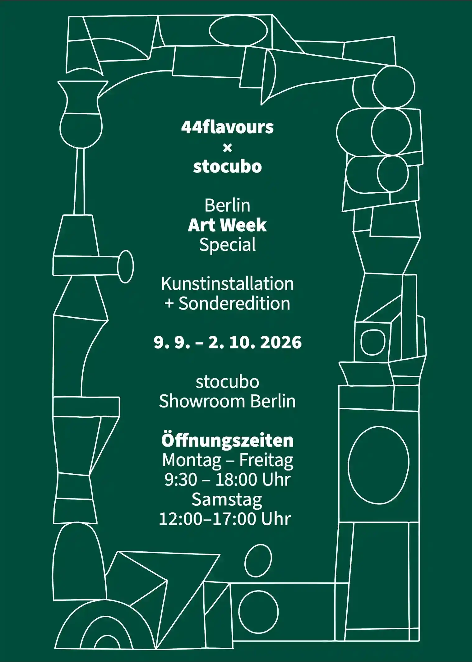 44flavours x stocubo White text in a white frame made up of abstract geometric shapes on a dark green background.