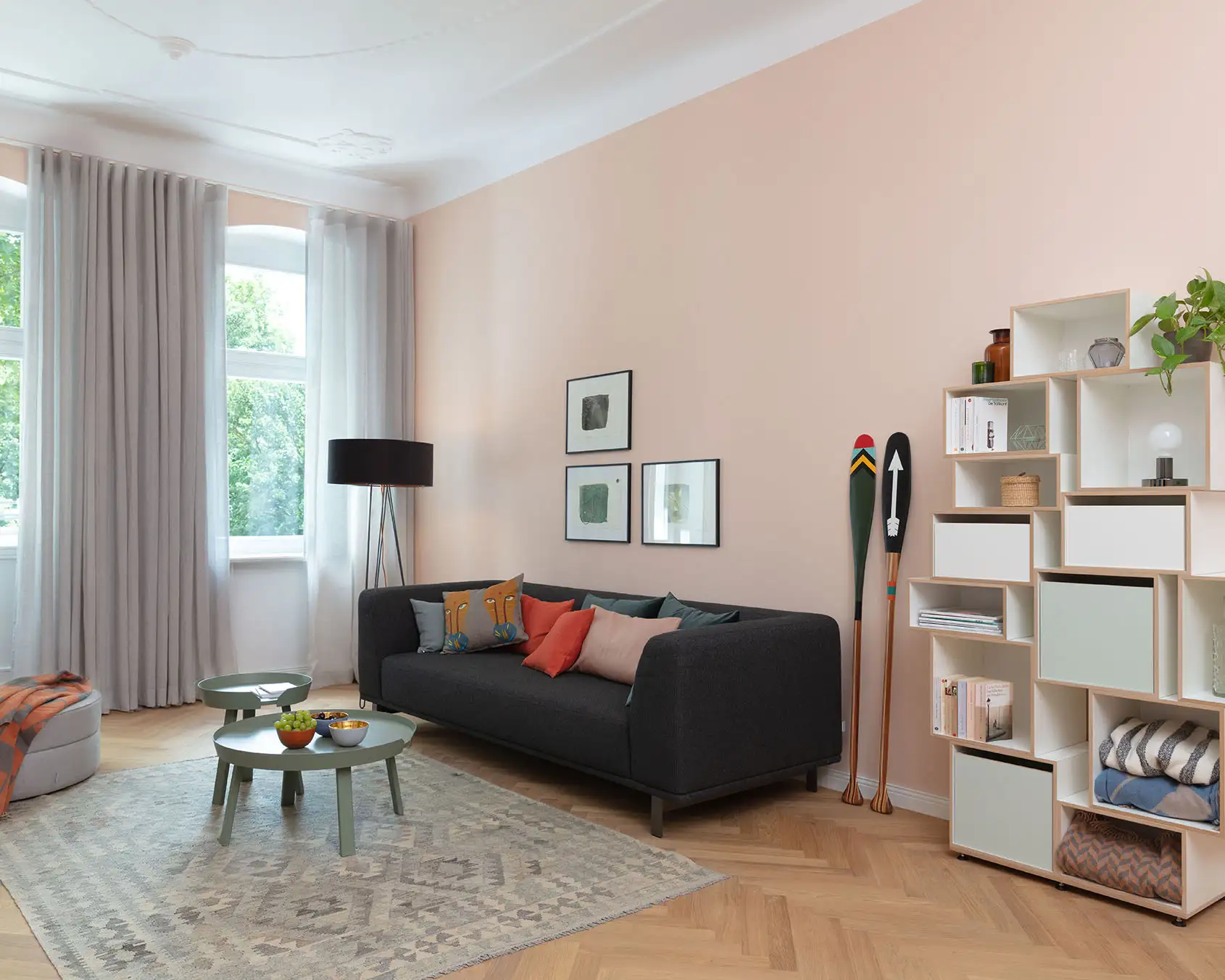 Wohnzimmerregale, Würfelregal, Berliner Zimmer, Einschübe, Pistaziengrün