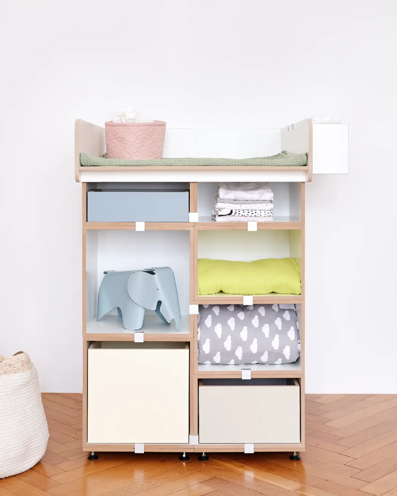 Wickelregal Wickelaufsatz, 1:2 Modul, Einschub, vanillegelb, pistaziengrün, denimblau