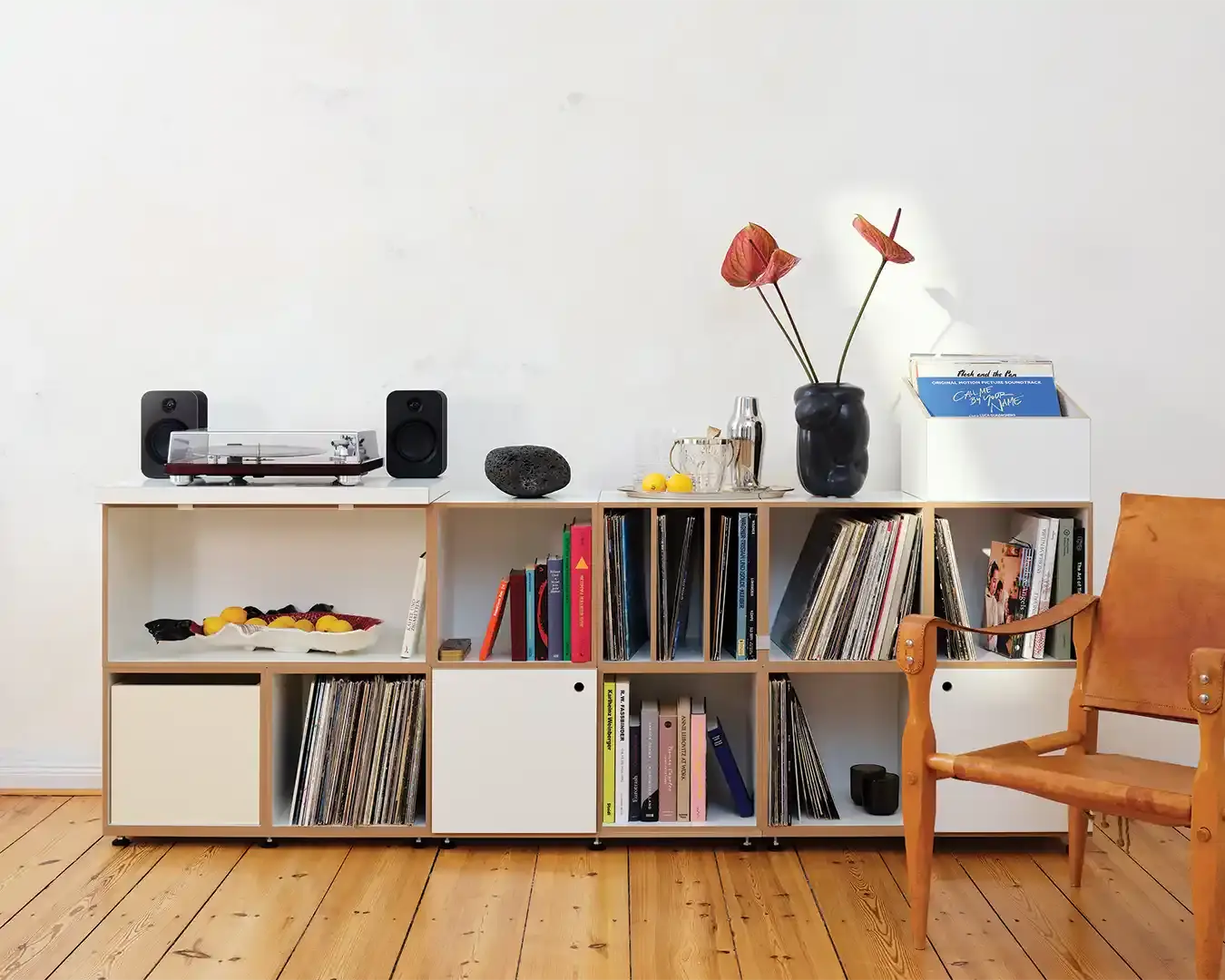 Schallplatten, Großes LP-Sideboard, HiFi-Regalauflage, LP-Box, 1:1 mit Tür, F3 Modul, 2:1 Modul, Einschüb, Vanillegelb